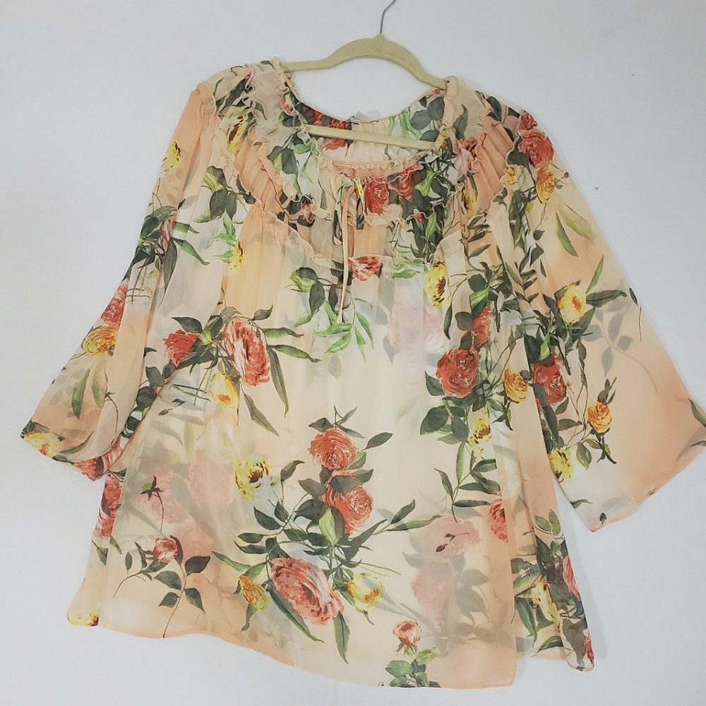 EST 1946 SHEER FLOWY Blouse SPRING FLORAL PINK WOMENS BOHO Ruffled Tunic